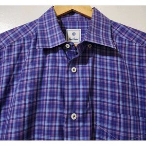 David Donahue Shirt Mens L Blue/Purple Plaid Cutaway Collar Button-Down Office